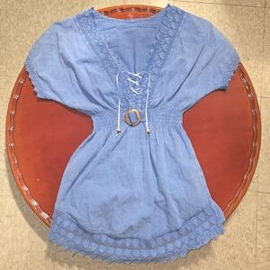 Emma Lace Up Tunic Dress Crochet Hem Neckline Cover Up Smocked Waist Small